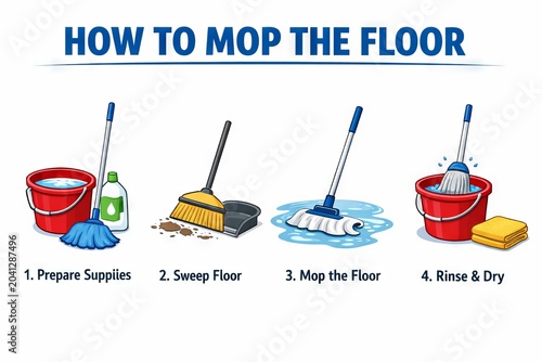 Step by step guide on how to mop the floor. Illustration showing cleaning equipment and process of washing surface. Household chores and cleaning instruction for home maintenance task