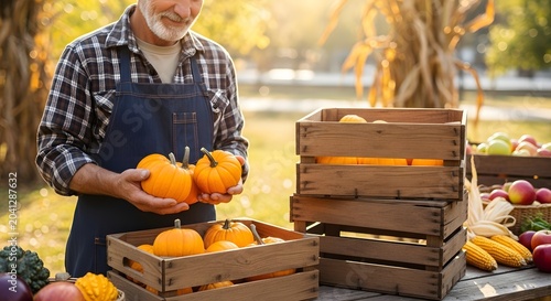 Experienced senior farmer meticulously sorts small vibrant pumpkins, preparing them for sale or storage, amidst a bountiful autumn harvest at his sun-drenched garden