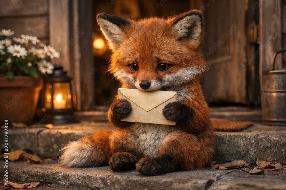 Naklejka premium Cute sad baby fox holding envelope on cozy porch with lantern and warm evening light. Woodland animal messenger. Concept of fairy tale, autumn greeting, kids story, invitation design