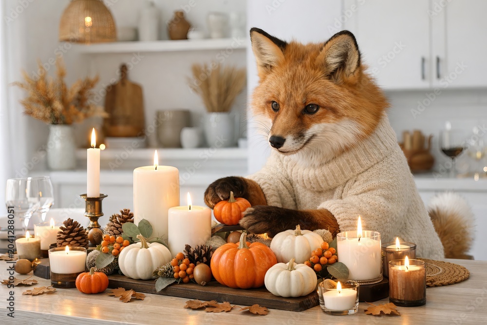 Obraz premium Red fox wearing beige knitted sweater sitting at dining table decorated with candles and pumpkins for autumn holiday thanksgiving. Cozy home kitchen atmosphere with fall harvest decor