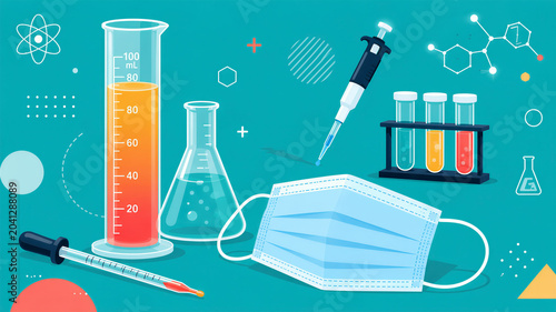 Scientific tools rest beside a protective face mask
