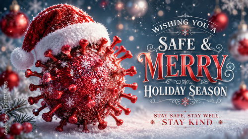 Red virus particle wears a Santa hat