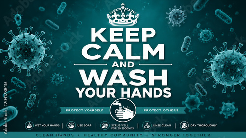 Crown atop bold text urges handwashing