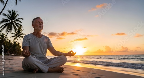 Senior Man Practicing Mindfulness Meditation on a Tropical Beach at Sunset for Wellness and Peace of Mind