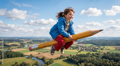 Imagination Takes Flight: A young girl with a bright smile rides a giant pencil through the sky, soaring over a picturesque landscape of fields and trees.