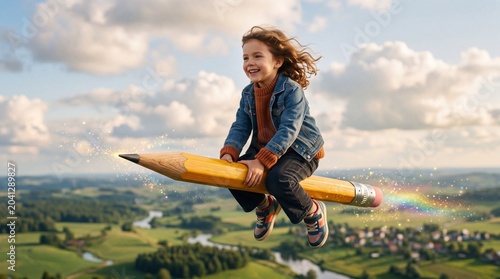 Childhood Fantasy Flight: A young boy joyfully rides a giant pencil through a vibrant sky filled with fluffy clouds, leaving a rainbow trail.