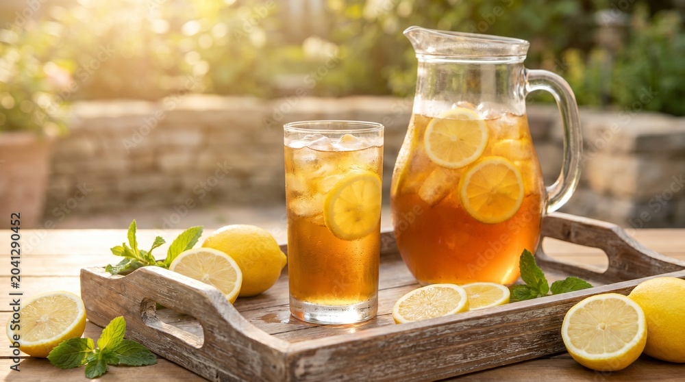 Naklejka premium Refreshing glass and pitcher of iced tea with lemon and mint on a wooden tray outdoors in warm summer sunlight