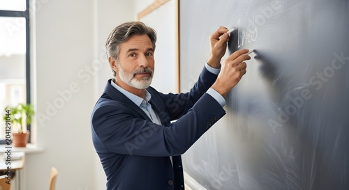 Experienced male teacher in a suit standing by a blackboard with chalk in his hand, looking at the camera