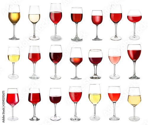 Photos Many glasses of different wine on white background
