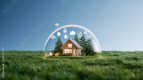 Home Insurance Concept with Wooden House Under Clear Protective Bubble
