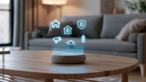 Voice Assistant Device Displaying Smart Home Icons in Cozy Living Room