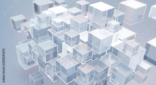 Abstract 3D geometric background with translucent cubes in a clustered arrangement, showcasing a sense of depth and complexity