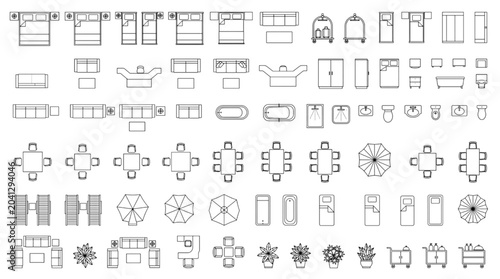 Obraz na plátně Collection of CAD furniture symbols and architectural drafting elements for inte