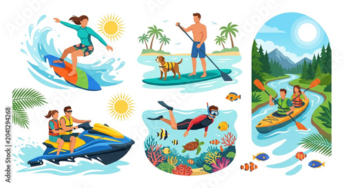 Water Sports Icons, Summer Activities, Recreational Vector Illustrations, 5 Watercraft Designs