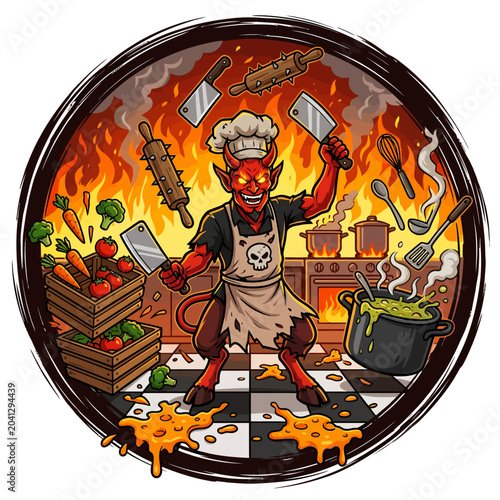 Canvastavla Demon chef with knives in kitchen.