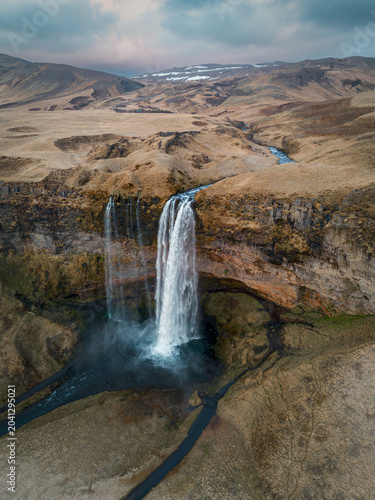 Canvas Print Aerial view of Seljalandsfoss, a beautifull and touristic waterfall in southern