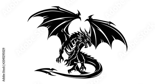 Tableau sur toile Black dragon creature with wings spread.