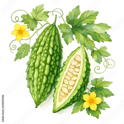 Watercolor green bitter melon with leaves and blossom isolated on white background