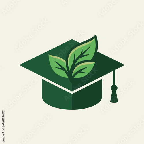 Green graduation cap with leaves logo representing environmental education and sustainable learning. EPS Editable
