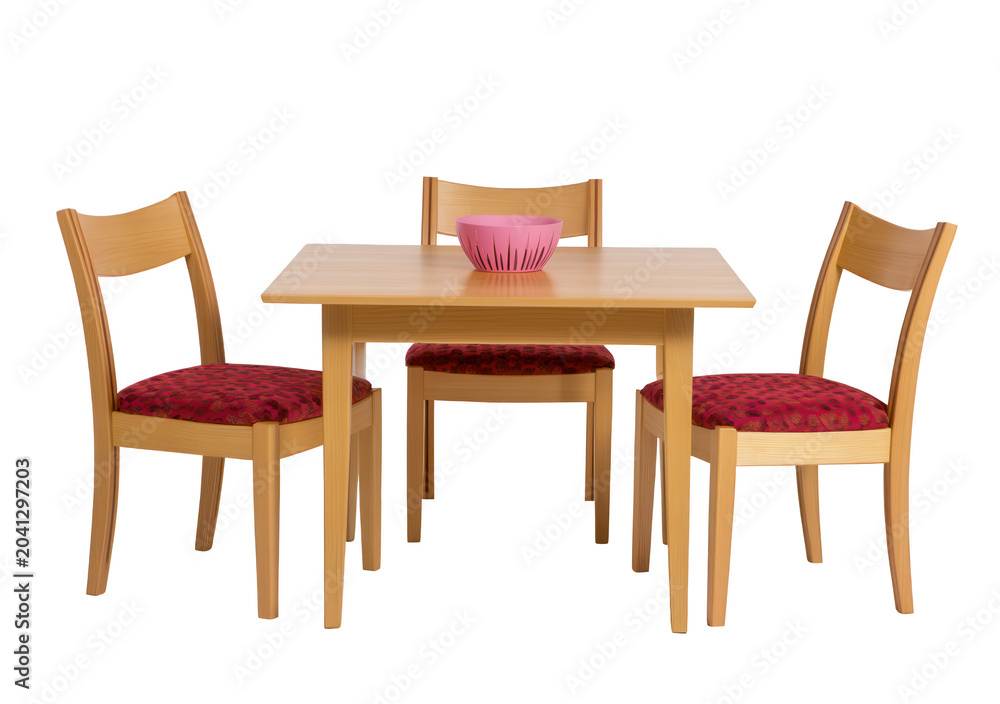 Obraz premium A wooden dining table with four chairs and a pink bowl on transparent background
