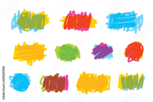Colorful hand-drawn scribble shapes set, abstract marker strokes in bright colors. Playful doodle elements for kids design, backgrounds, stickers, and creative projects
