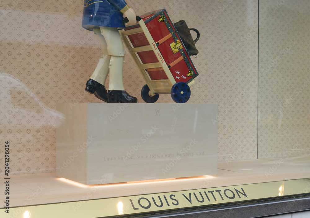Naklejka premium display window, featuring The Groom, LV Bellboy at Louis Vuitton (May 2026) a luxury brand shop, located at 150 Bloor St W, inside 89 Avenue Yorkville, Toronto