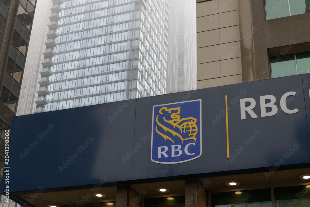 Naklejka premium close-up of sign outside RBC, Royal Bank, located at 2 Bloor St E, Toronto