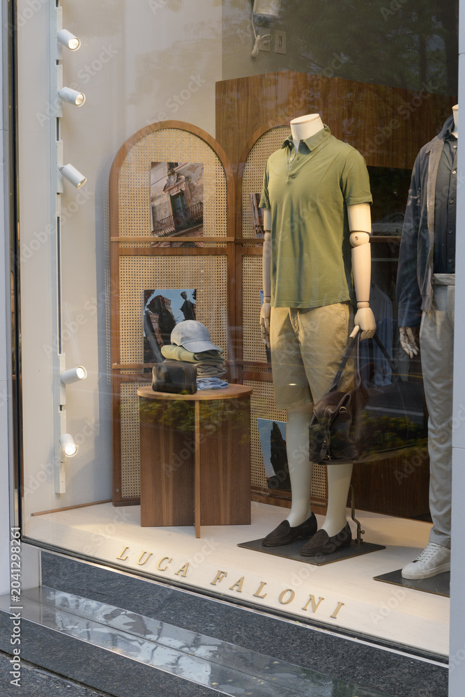 Naklejka premium display window with mannequins latest fashion designs at Luca Faloni, a men's clothing store, located at 130 Bloor St W, Toronto
