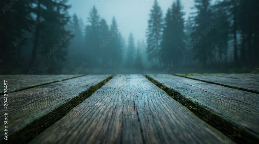 Fototapeta premium Rustic aged wood plank surface background with weathered texture and dark misty pine forest for product placement