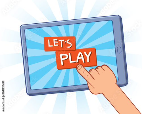 Cartoon illustration of a child tapping a tablet screen with “Let’s Play” text. Bright educational gaming concept for kids, digital learning, interactive apps, and playful children’s activities.