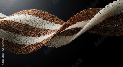 Abstract composition of white and brown rice grains arranged in flowing waves and swirls across a minimalist, dark background surface, flow, ingredient, culinary