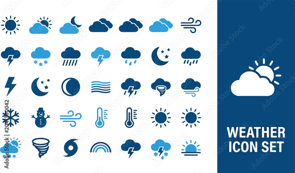 Obraz premium Blue digital pixelated weather symbol collection for forecast