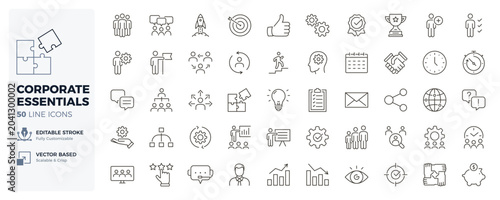 Corporate essentials icons. Business communication, teamwork and office management thin line icon set. Editable stroke vector illustrations.