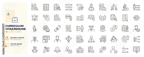 Curriculum vitae and resume icons. Recruitment, hiring, career and job application thin line icon set. Editable stroke vector illustrations.