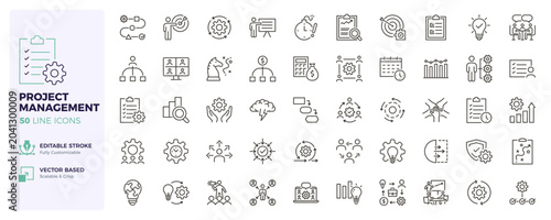 Project management icons. Workflow, productivity, planning and team coordination thin line icon set. Editable stroke vector illustrations.