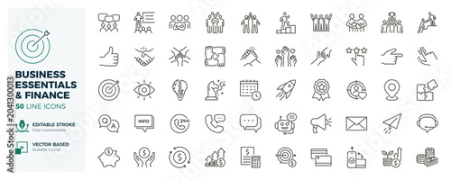 Business essentials and finance icons. Communication, teamwork, concepts, customer support and financial growth thin line icon set. Editable stroke vector illustrations.