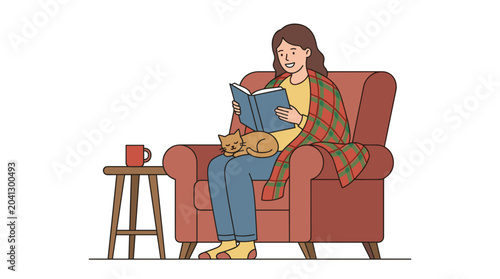 Woman reading a book on a comfortable armchair with a cat on her lap and a cup of tea on a side table