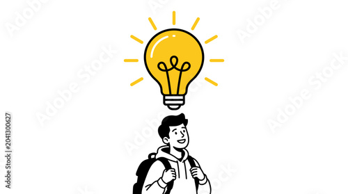 Young student with backpack gets a bright idea symbolized by a glowing light bulb above his head