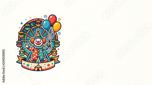 Friendly clown holding balloons in front of a carnival ferris wheel