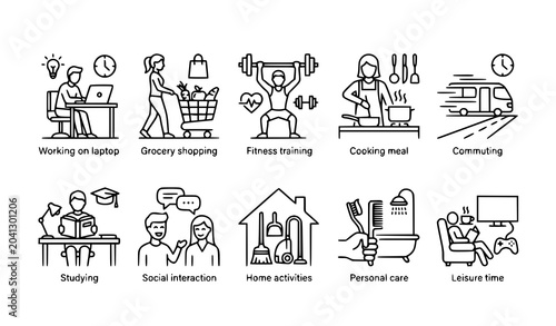 Modern daily life line icon set human activities and lifestyle vector isolated on white background