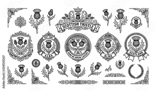 Scottish thistle floral emblem collection vintage botanical outline vector isolated on white background