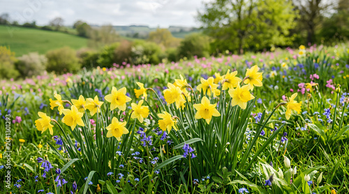 Vibrant field of yellow daffodils in full bloom under sunlight.