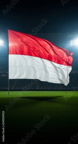 A colossal flag stretches across a lush green sports field within a contemporary stadium under bright lights during a ceremonial pre-match, grand, grass, movement