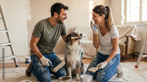 Joyful couple painting new house with Australian Shepherd pet, DIY home makeover concept featuring togetherness, creativity and residential renovation