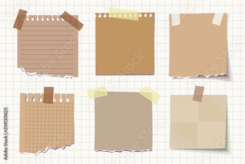 Set of torn notebook paper and sticky notes with tape on grid background. Realistic brown paper sheets with shadows, ideal for mockups, scrapbooking, and design layouts. Vector illustration