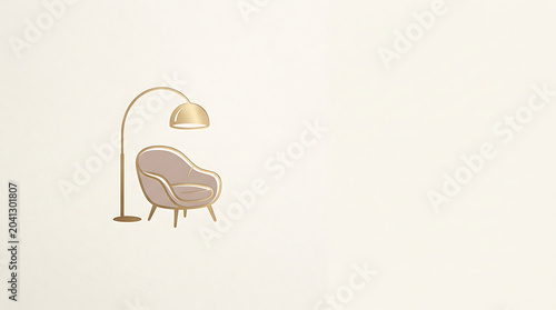 Golden armchair and arch floor lamp icon on neutral background