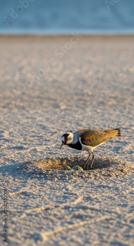 A graceful crowned lapwing tends its hidden nest on the sun-baked salt flats of a tranquil lake, showing intricate feather patterns, crystals, wild, bird