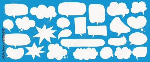 Set of white speech bubbles and comic dialog balloons in different shapes on a blue background. Collection of chat, thought, and comic style bubbles for messages, comics, and graphic design
