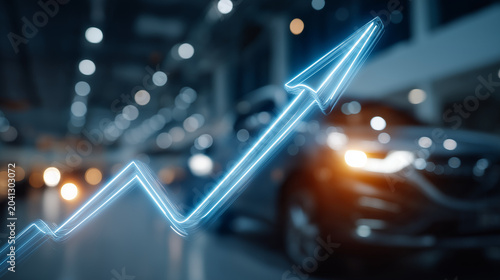 Automotive Industry Growth: A neon blue upward arrow graphic overlaid on a blurred background of a car dealership symbolizes the burgeoning growth and positive trend within the automotive industry.