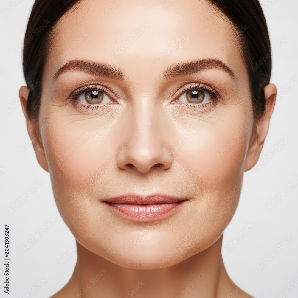 Obraz premium Serene mature features displaying radiant translucent skin and a peaceful look, emphasizing natural hydration and timeless facial beauty, gray hair, graceful, fresh